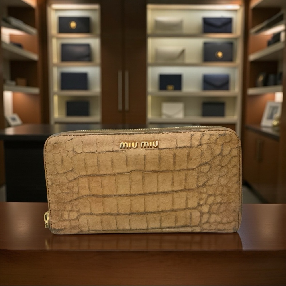 Miu Miu Beige Crocodile-Embossed Leather Zip-Around Wallet